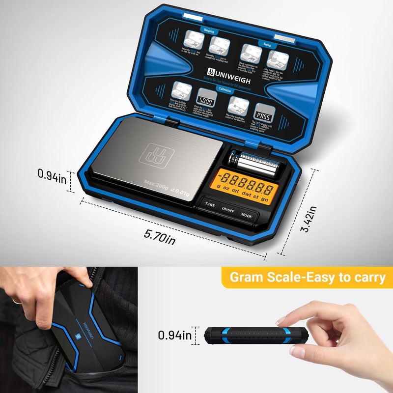 UNIWEIGH Digital Pocket Scale 200g/0.01g, Digital Gram Scale, Mini Jewelry Scales Digital Weight Grams with 50g Cal Weights for Food,Jewelry,Coins,Small Items,Coffee (Battery Included)-Blue - Image 5